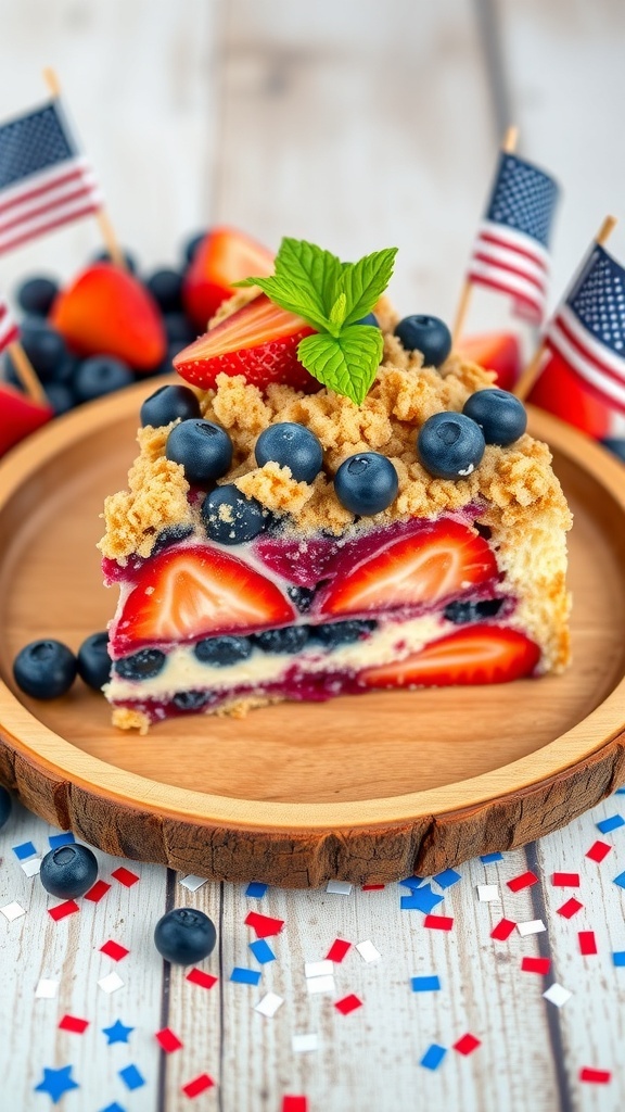 A slice of berry crumble cake with blueberries and strawberries, topped with crumble, on a wooden plate with 4th of July decorations.